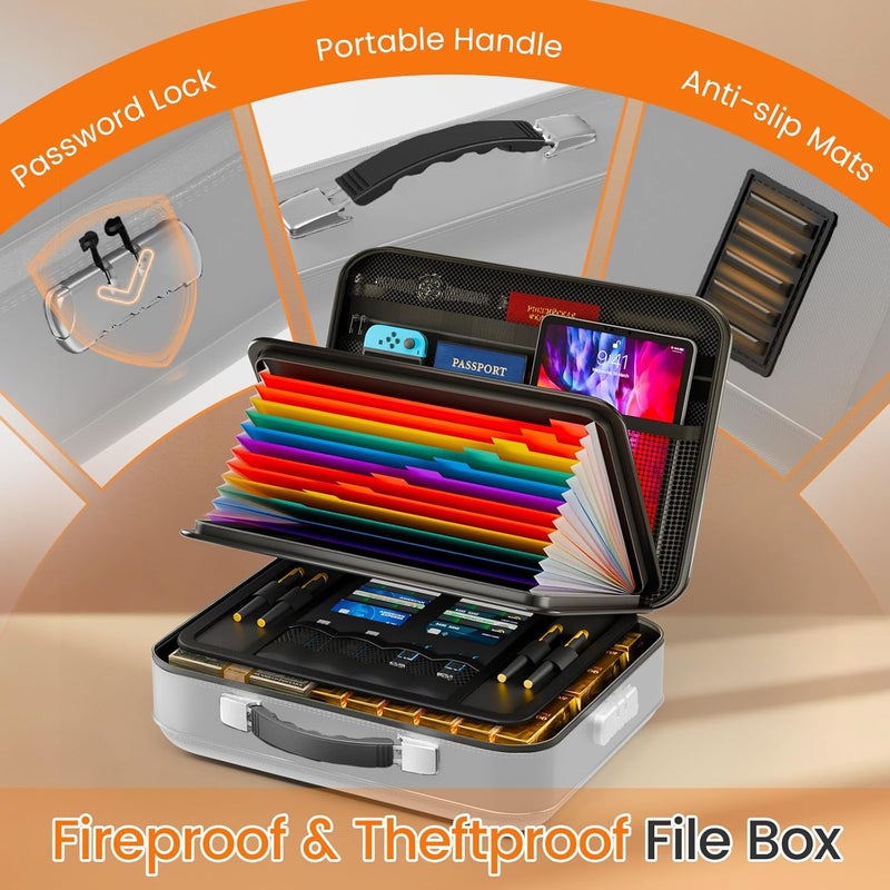 GOELF Fireproof Document Box with Lock, 5200°F Fireproof Water Resistant Hard Case File Organizer Safe Box for Important Documents, Certificates, Laptop, Passports (Sliver) - Image 4